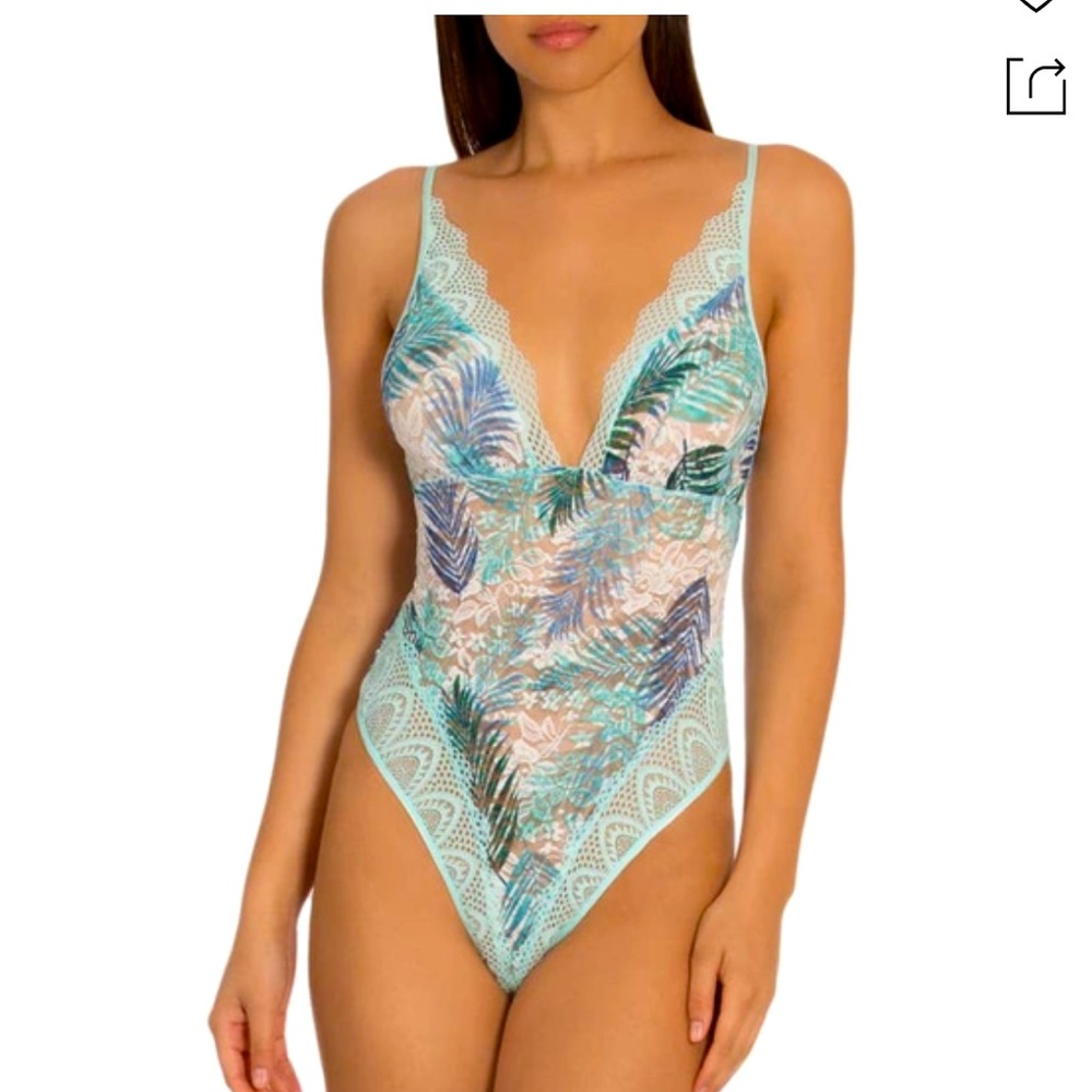 NWT In Bloom Jonquil Act Naturally Lace Thong Teddy In Aqua
